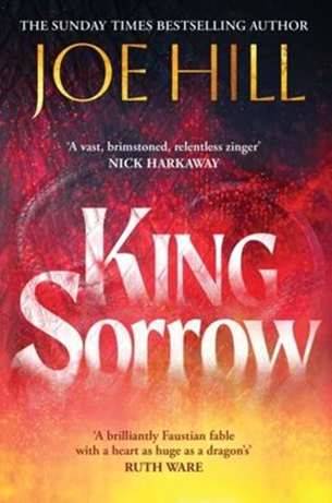 Bokcover av boken King Sorrow av Joe Hill. Tittelen står med hvit tekst på rød bakgrunn. - Klikk for stort bilde